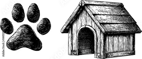 Engraved dog paw print and bone illustration set for pet lovers and design