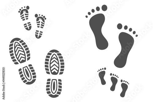 Footprint Icon Set Featuring Shoe Tread Imprints and Barefoot Traces on White Background, Vector Illustration