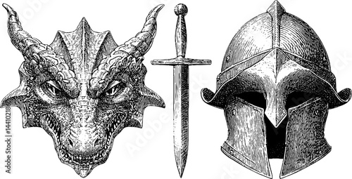 Medieval dragon crest and knight helmet engraving collection for historical design