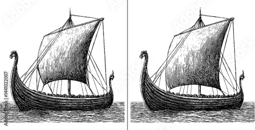 Detailed engraving of viking longship with sail on the open sea