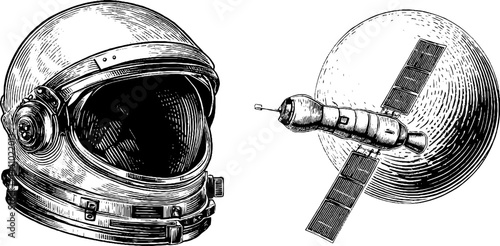 Engraved illustration of astronaut helmet and spacecraft for educational design
