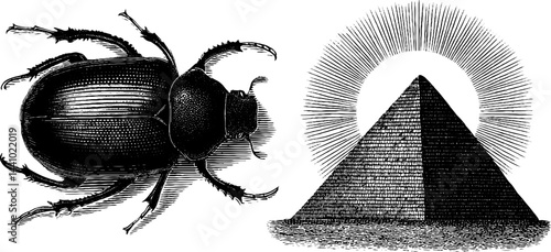 Vintage engraved design featuring scarab beetle and radiant pyramid for artistic prints