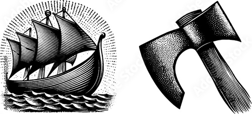 Engraved illustration set of viking ship and axe for historical design projects