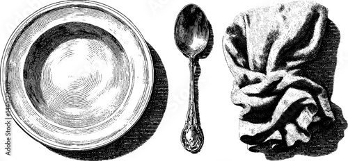 Vintage china plate, silver spoon, and elegant napkin engraving for design or decoration