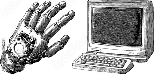 Detailed engraving of mechanical arm and vintage computer for technology design