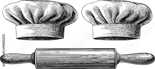 Engraved chef hat and rolling pin illustration set for culinary design