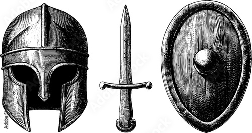 Engraved valkyrie helmet with sword and shield set - historical armor design