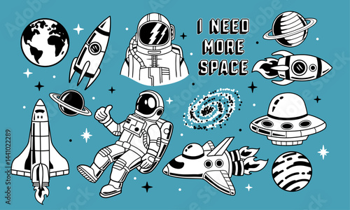 A set of space theme vector set with astronauts, rockets, planets, UFOs, space shuttles, and cosmic elements.	
