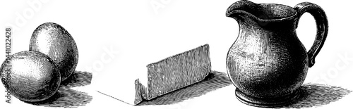 Vintage farm theme engraving of eggs and milk jug for rustic design