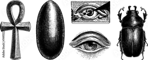 Ancient egyptian symbols: ankh, eye of horus, and scarab beetle illustrations for historical design