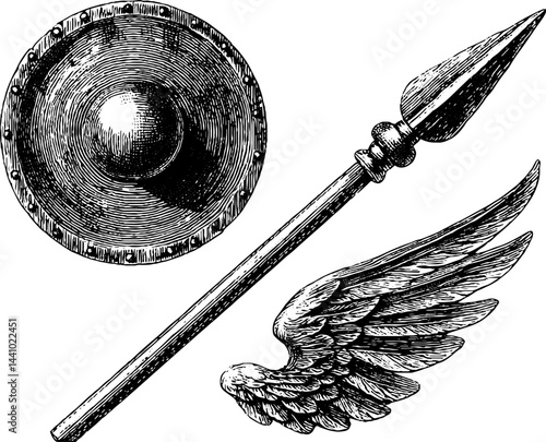 Engraved illustration of shield spear and wing set
