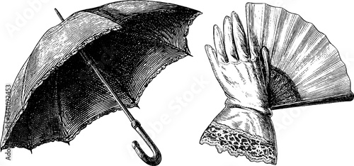 Vintage engraved illustration of parasol with lace gloves and folding fan design