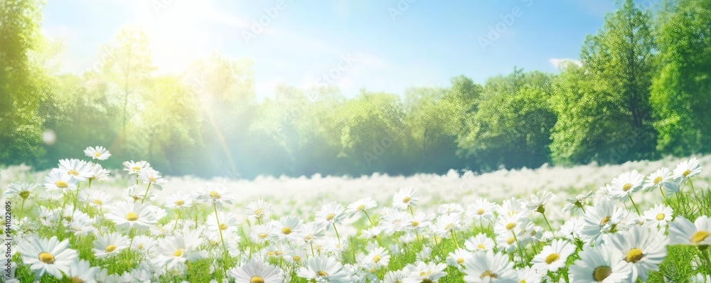 Obraz premium A field of white flowers bathed in sunlight.