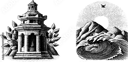Engraved illustration set featuring historical aqueduct tower and nature scene