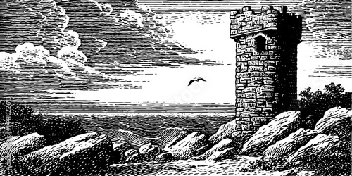 Detailed engraving of historic aqueduct tower by the sea with rocky landscape