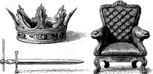 Vintage engraved set of iron crown, throne, and sword for historical design and art projects