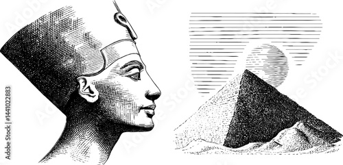 Engraved illustration of nefertiti bust and ancient egyptian pyramid scene