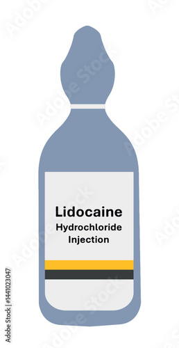 Lidocaine ampoule medicine bottle isolated on white background. Lidocaine 1% 50 mg in 5 ml Ampoule Inject Anesthetic. Lidocaine in a ampoule, Chemicals used in medicine or laboratory.