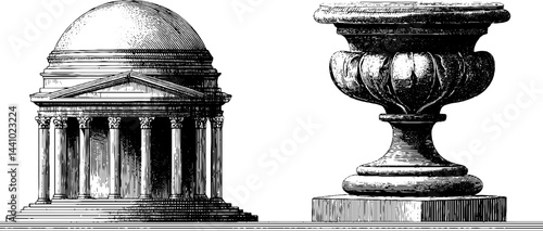 Intricate engraved illustration of pantheon dome and decorative tor for design projects