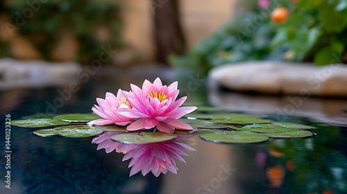 Two pink water lilies float serenely on a calm pond, their reflection mirrored in the still water