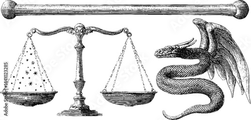 Engraved alchemy scales and dragon illustration set for mystical design
