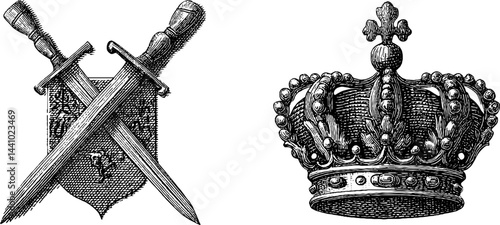 Heraldic symbols with crossed swords and crown engraving for medieval design