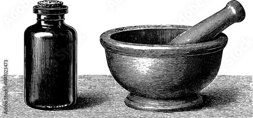 Engraved herbal potion bottle and mortar with pestle illustration for apothecary design