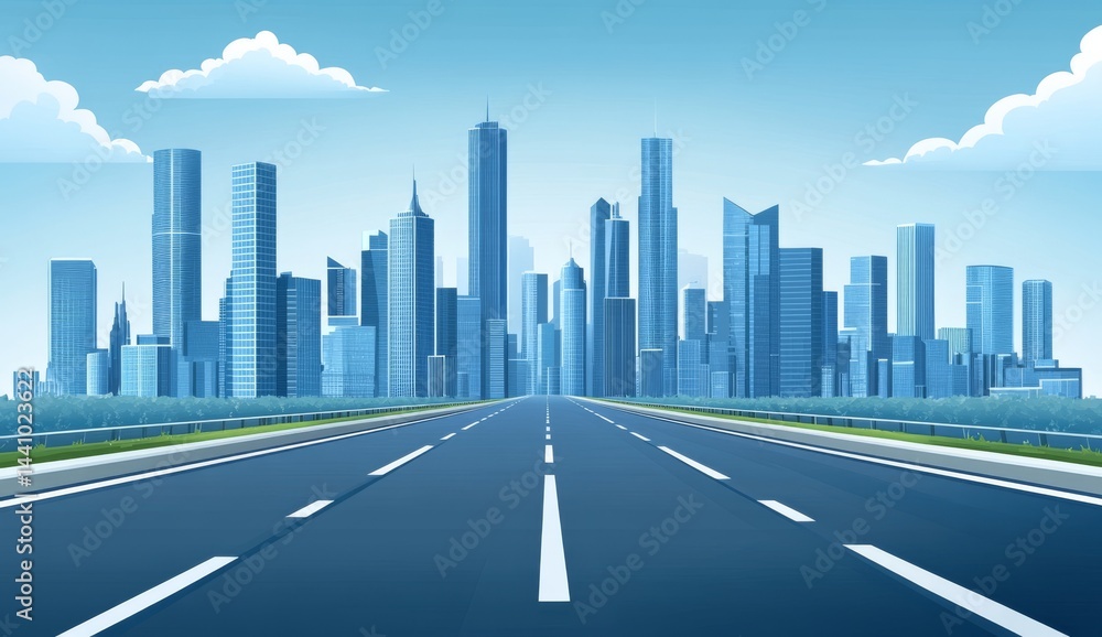 Fototapeta premium A futuristic city boasting unusual and fantastic multistorey buildings is connected by a road that passes through a downtown area characterized by modern cyber high technology and a cartoon-like