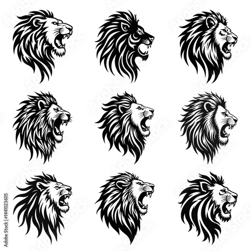 A vector set features a wild lion head, alongside black and white cat heads, showcasing animal face designs