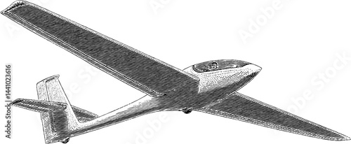 Engraved illustration of glider in bold black lines for aeronautical design