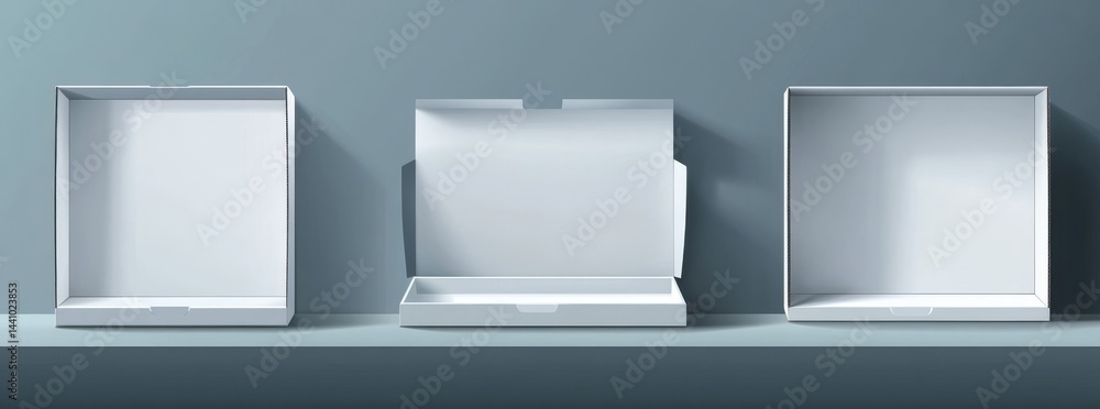 Fototapeta premium The illustration set features a realistic and modern depiction of a blank carton package in the form of a white cardboard box, shown from different angles and including a rectangular paper container