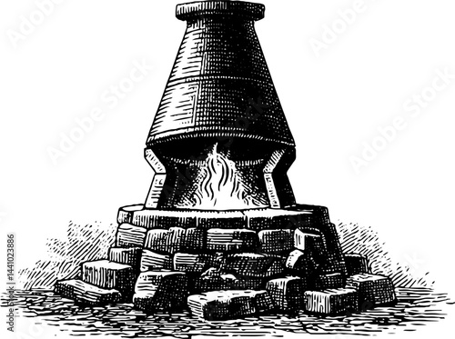 Engraved alchemy furnace with flames on stone base for historical study and design