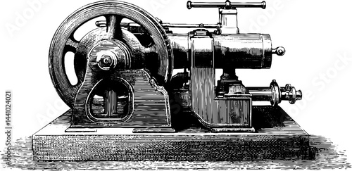 Historical engraving of an early steam engine for educational and design use