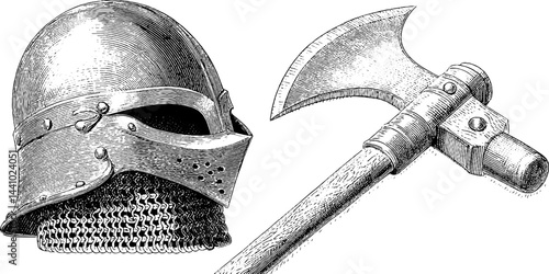 Medieval armor elements featuring engraved helmet and chainmail design for historical illustration