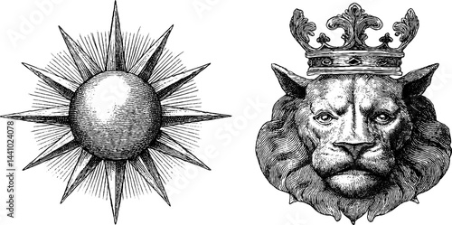 Engraved alchemy symbols of sun and lion with crown for spiritual design