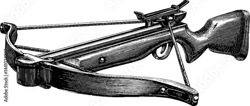 Intricate engraved illustration of a crossbow with bold black lines for historical design projects