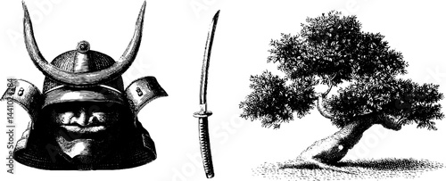 Detailed engraving of samurai helmet, katana, and bonsai tree for traditional japanese art design