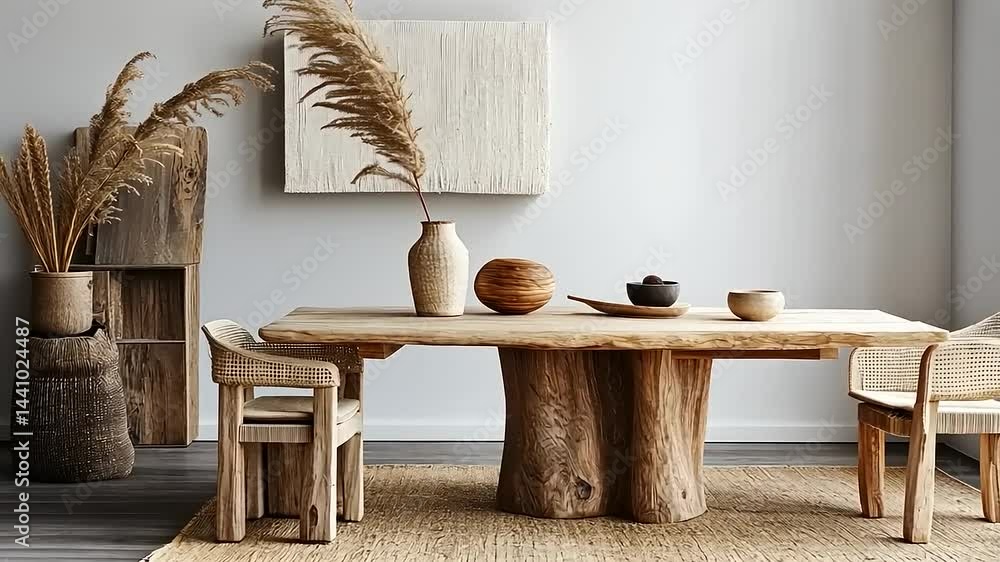 Boho chic dining room with rustic wood table and natural decor elements Boho chic dining room with rustic wood table and natural decor elements