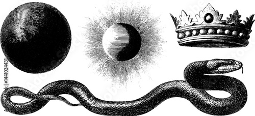 Celestial eclipse engraving with snake and crown elements for artistic design