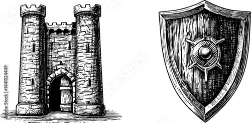 Medieval fortification and heraldic shield illustration set for historical design projects