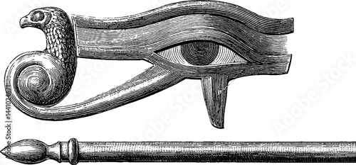 Ancient egyptian symbolism: engraved illustration of horus falcon and udjat eye set