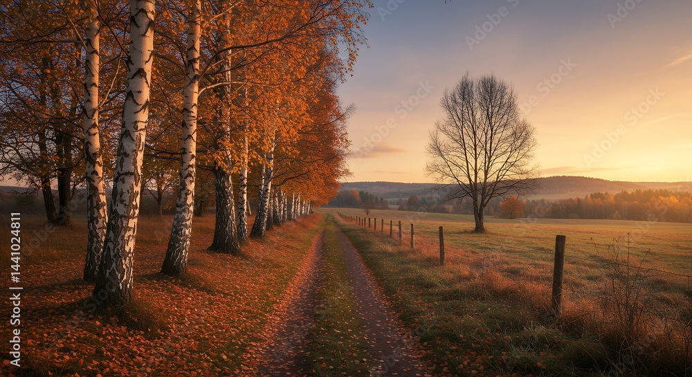 Naklejka premium Autumnal Birch Tree Avenue with a Countryside Path and Golden Light