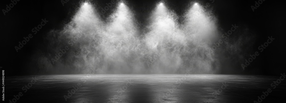 Fototapeta premium A modern realistic illustration depicts smoke clouds hovering above black water, with white fog, steam, and mist swirling over dark and spooky sea waves, a splashing river, and an eerie smog that