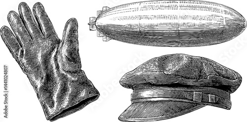 Vintage engraved set of zeppelin, aviator cap, and glove for classic aviation enthusiasts