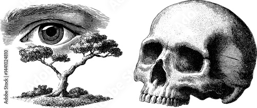 Mystical norse symbols with odin's eye and skull illustration for mythical designs