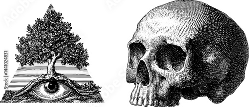 Engraved illustration of odin’s eye with tree and skull for mythology-inspired designs