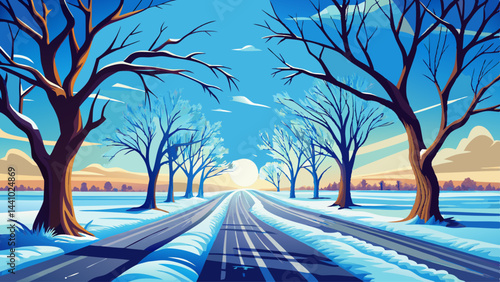 Bare trees line the old country road in stillness.
The frozen earth crunches under invisible footsteps.
Brilliant blue skies offer a striking contrast.
A serene winter day, frozen in timeless beauty.
