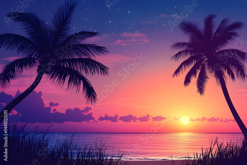 palm trees on the beach with sunset view