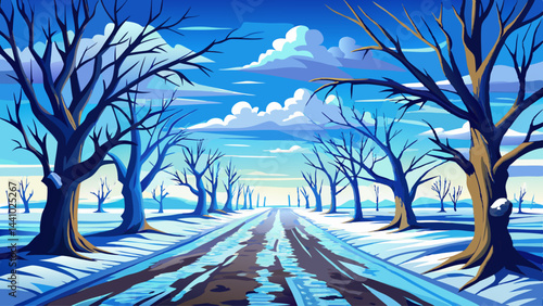 Bare trees line the old country road in stillness.
The frozen earth crunches under invisible footsteps.
Brilliant blue skies offer a striking contrast.
A serene winter day, frozen in timeless beauty.
