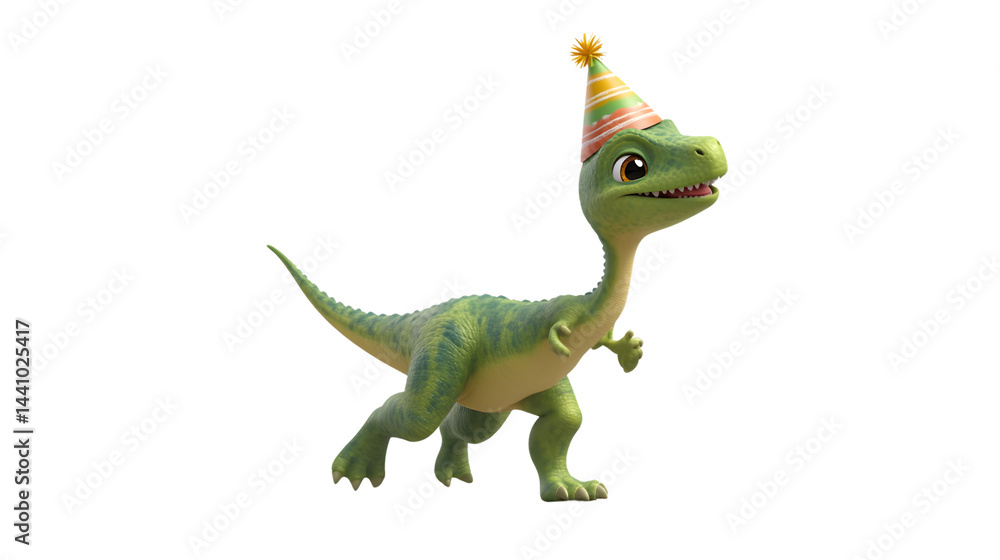 Fototapeta premium A cheerful dinosaur wearing a party hat perfect for birthday celebrations and festive designs